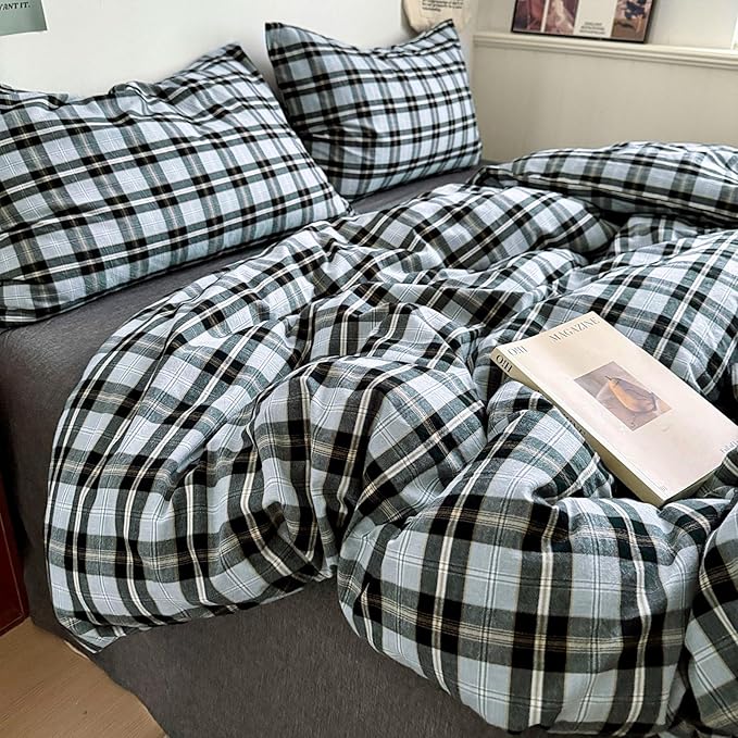 Grey Black Plaid Comforter Set Twin XL, 3 Pieces Modern Style Grid Comforter with 2 Pillowcases, Vintage Plaid Checkered Comforter for All Seasons, Soft Breathable Farmhouse Gingham Bedding Set