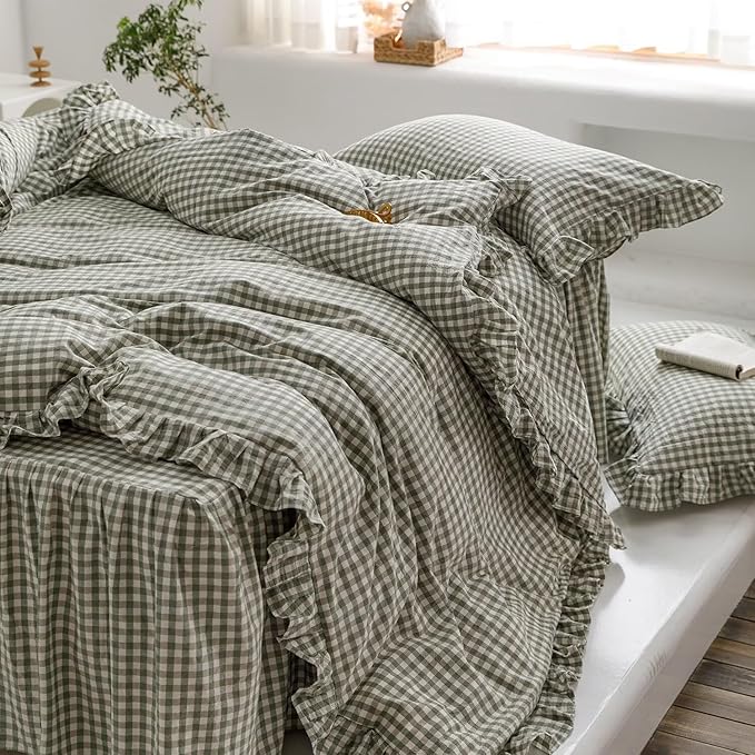 mixinni Green Gingham Ruffle Duvet Cover Twin Size 3 Pieces – 100% Washed Cotton, Vintage Plaid Ruffled Bedding Set with Zipper Ties, Soft Checkered Grid Farmhouse Chic Comforter Cover Set