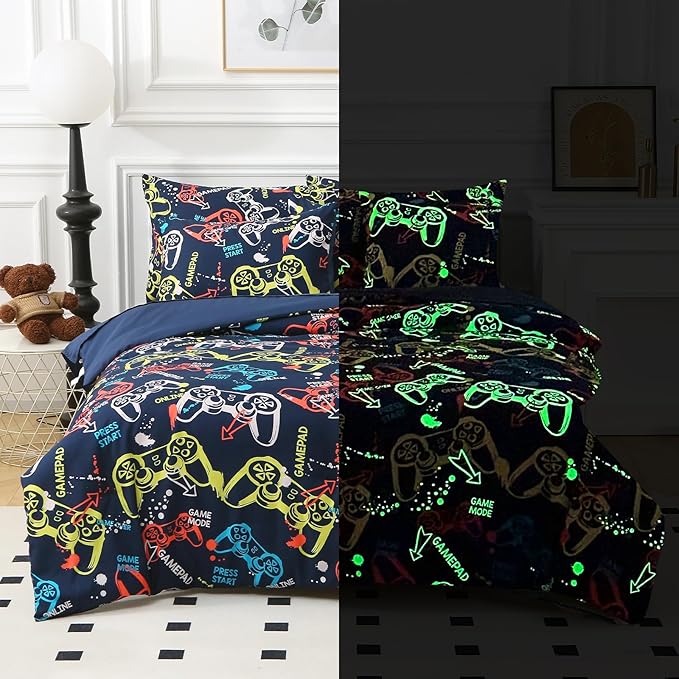 Glow in The Dark Kids Comforter Set, 5 Pieces Gamepad Bedding Set Twin Size for Boys Girls Teen, 1 Comforter, 1 Pillowcase, 2 Pillow Shams