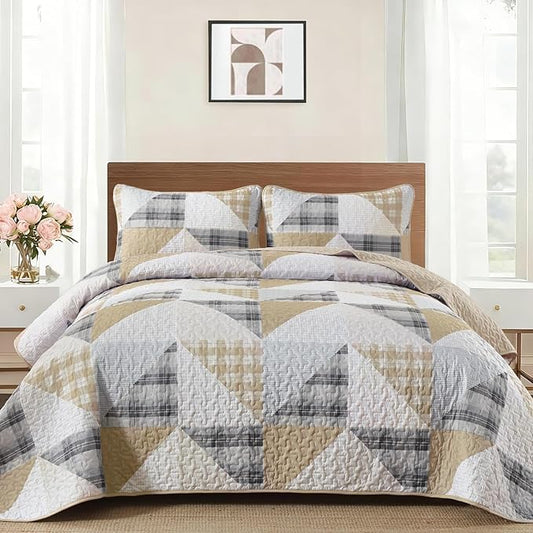 Annibedding Patchwork Quilt Set King Size, Brown Geometric Bedspread with 2 Pillow Shams, Soft Lightweight Plaid Patchwork Bedding Quilt Set for All Season (King, 110''x90'')
