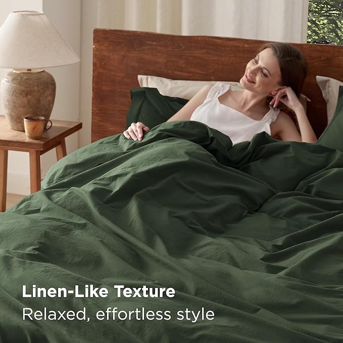 Bedsure 100% Washed Cotton Duvet Cover Full Size - Olive Green Minimalist Cotton Duvet Cover Linen Like for All Seasons - GentleSoft™ Plain Simple Bedding (Olive Green, Full, 80"x90")