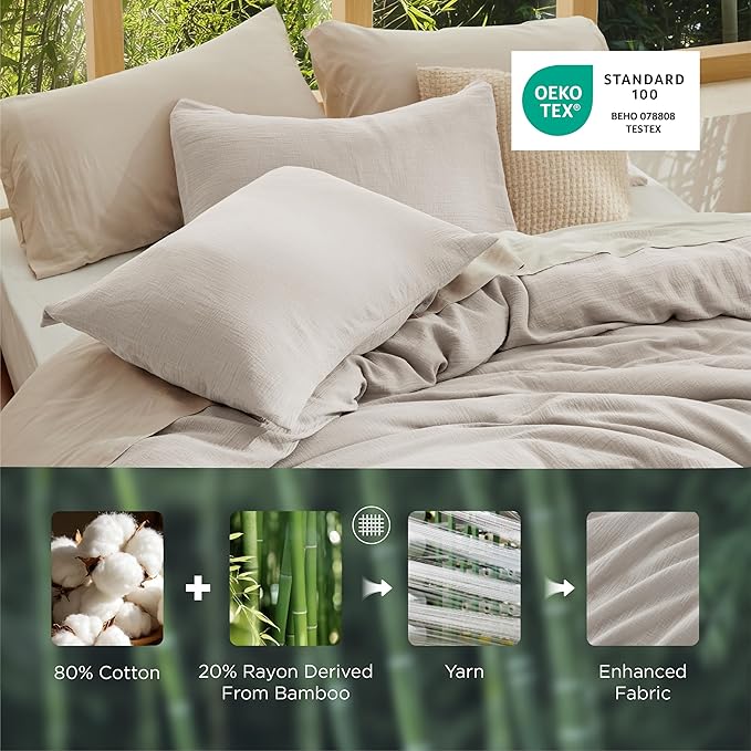 Bedsure Muslin Duvet Cover Queen Size - Cotton Blend Rayon Derived from Bamboo, Cooling Duvet Covet for Hot Sleepers - Ultra-Soft & Breathable Bedding Set for All Seasons(Oat Milk, 90"x90")