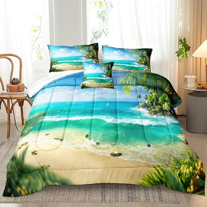 Bedbay Tropical Beach Comforter Set Queen Size Coastal Island Bedding Holiday Hawaii Style Bedding Set Soft Microfiber Summer Lightweight Comforter 4 Pcs Beach Theme Quilt Set for All Seasons