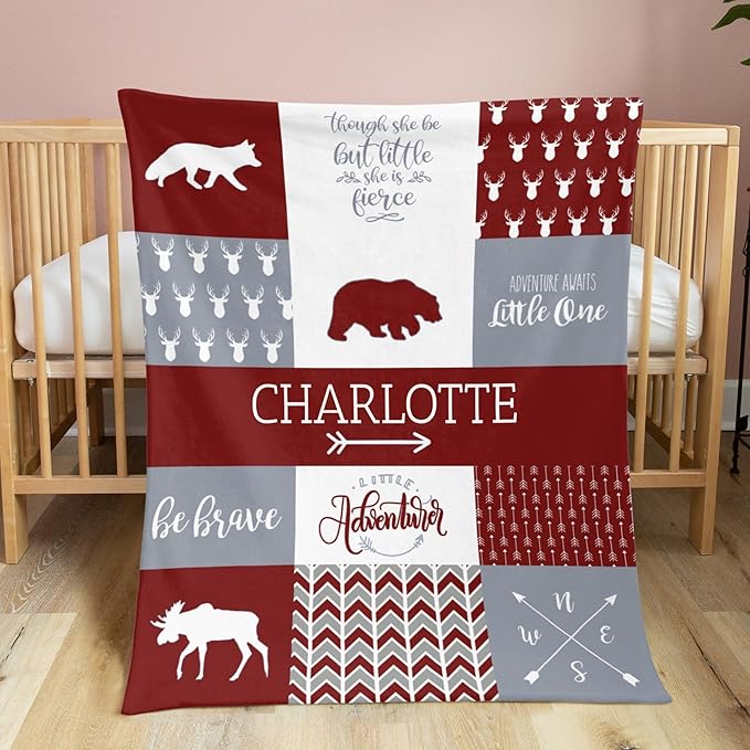 Personalized Baby Blanket, Woodland Baby Blankets for Girls, Super Soft Nursery Blankets with Cotton Front and Dotted Fleece Backing, Printed Bed Throws Newborn, Red Dahlia
