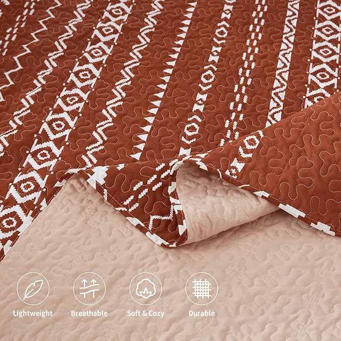 LEAONME 3 Pieces King Size Burnt Orange Rust Quilt Set with Checkered Pattern Lightweight Oversized Bedspread 98''x106'' Soft Coverlet Warm Bed Cover for All Seasons (1 Quilt, 2 Pillow Shams)