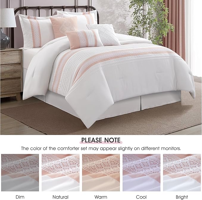 7 Piece Comforter Set, Pink White, California King, Boho Style Geometric Microfiber Embroidery, Bed in a Bag with Bedskirt, Pillow Shams and Decor Pillows
