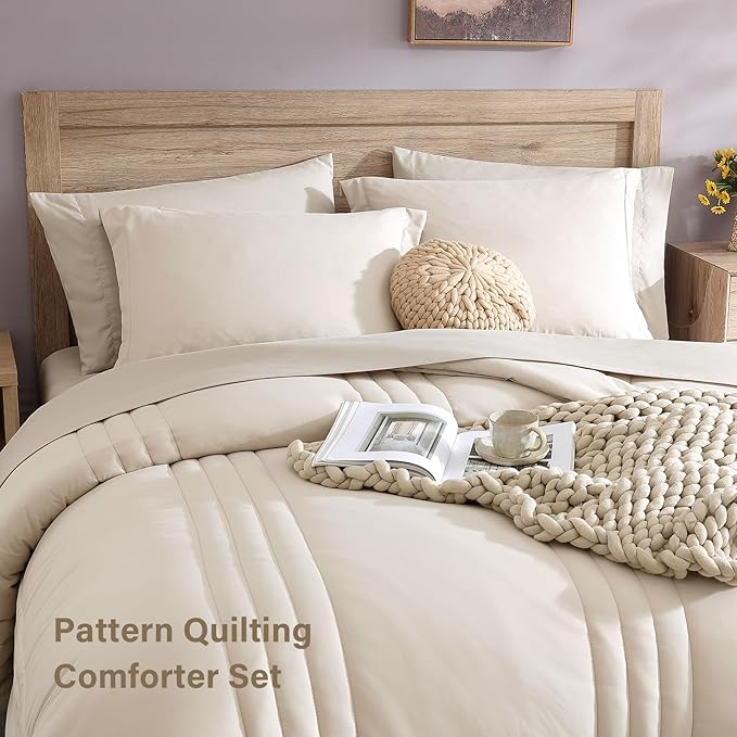 Monbix Full Size Comforter Set - 7 Pieces Beige Bed in a Bag Full Size Bedding Sets with Comforters, All Seasons Comforter with Sheets, Pillowcases & Shams