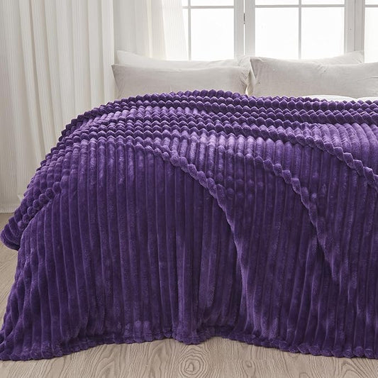 NEWCOSPLAY Super Soft Queen Blanket Purple Premium Silky Flannel Fleece 3D Ribbed Jacquard Lightweight Bed Blanket All Season Use (Purple Ribbed, Queen(90"x90"))