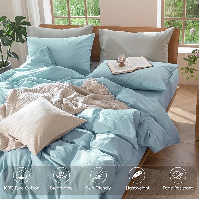MooMee Bedding Duvet Cover Set 100% Washed Cotton Linen Like Textured Breathable Durable Soft Comfy (Heathered Light Blue, King 104"x90")