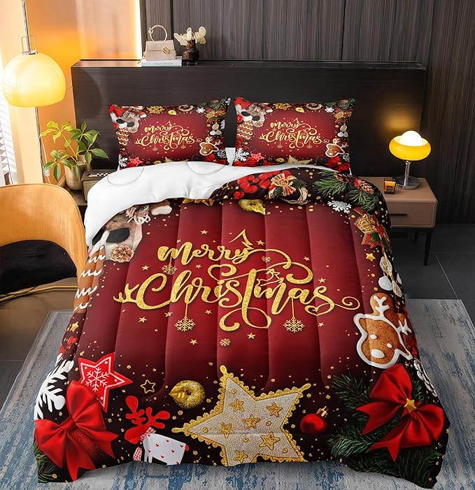 Bedbay Merry Christmas Bedding Queen Comforter Set Red Chritsmas Quilt Set Lightweight Down Comforter 4 Pcs Xmas Festival Theme Bedding Set 1 Comforter 2 Pillowcases 1 Cushion Cover(Red,Queen)