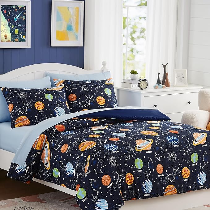 Queen Kids Comforter Set - 7 Pieces Queen Bedding Sets for Boys, Glow in The Dark Space Bed in A Bag with Sheets