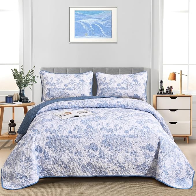 WONGS BEDDING Blue Quilt Set Queen Size, 3 Pieces Botanical Bedspreads Set Lightweight Microfiber Blue Toile Plants Pattern Coverlet Home Decor for All Seasons(96"×90")