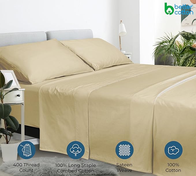 Royale Linen 400 Thread Count 100% American Grown Cotton Flat Sheet - Cooling Sheets - King Sheets - Luxury Sateen Weave - King Flat Sheet Sold Separately - Sand Flat Sheet Only (King, Moroccan Sand)