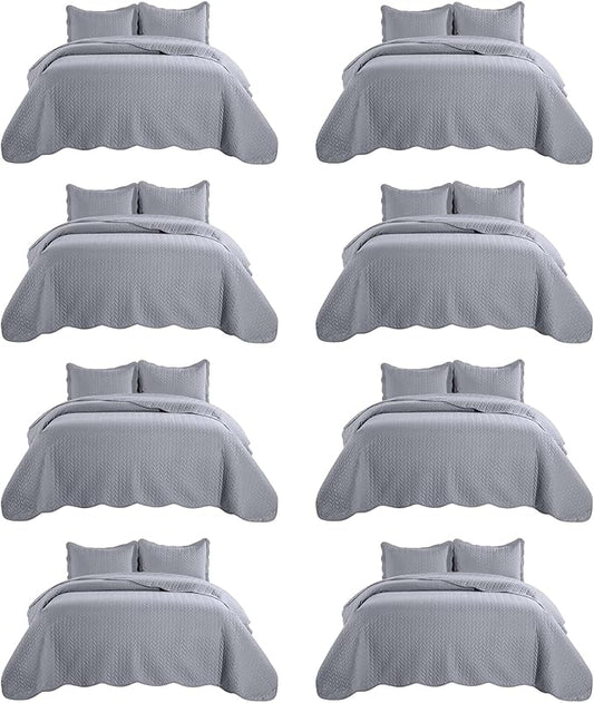 IR Imperial Rooms 8 Pack California King Quilt Bedding Set (118"x106") - Bulk Wholesale for Hotels, Guest Bedroom & Airbnbs - Lightweight Microfiber Reversible Embossed Quilts Bedspread (Silver)