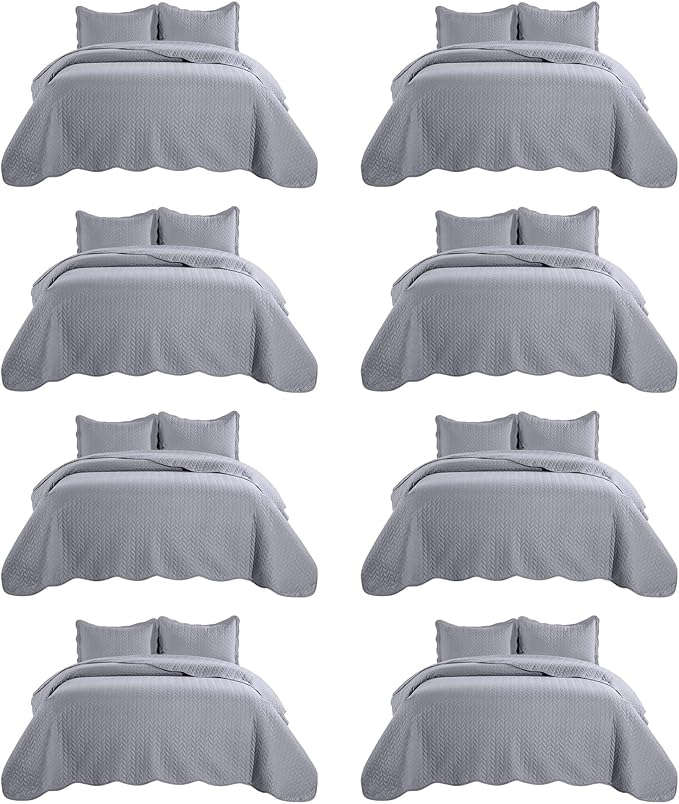MOONLIGHT20015 8 Pack Quilt King Size Bedding (106" x 96") - Bulk Wholesale for Hotels, Guest Bedroom & Airbnbs - Lightweight Microfiber Reversible Embossed Quilts Bedspread (Silver)