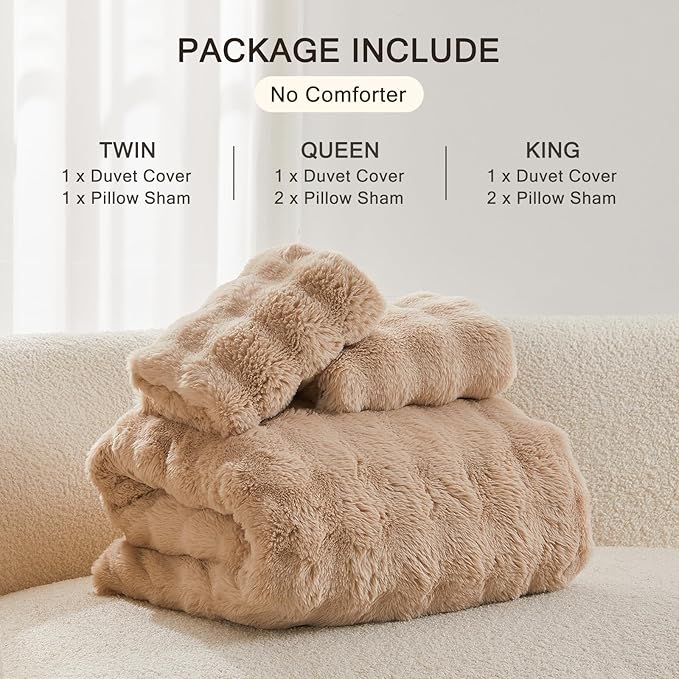 EMME Faux Fur Duvet Cover Twin Size, 2 Pieces Ultra Soft Fluffy Comforter Cover, Cozy Warm for Winter, Luxury Elegant Shaggy Bubble Design Bedding, 1 Duvet Cover & 1 Pillow Shams (Twin, Beige)