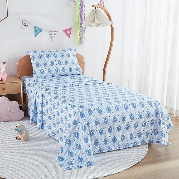 Kids Sheet Set Twin Size, Twin Sheet Set with Striped Flower Pattern，Breathable Silky Soft Microfiber Kids Fitted Sheet