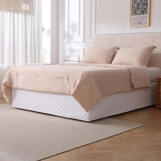 Queen Size White Bed Skirt with 14-Inch Drop, Easy Fit Wrap-Around Cover for Bed, Wrinkle-Free and Fade-Resistant Box Spring Cover.(White Seashells, Queen)