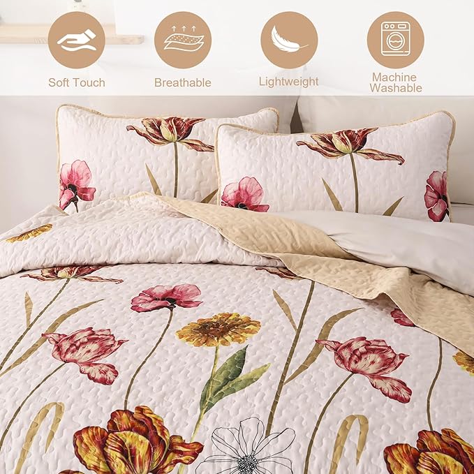 WONGS BEDDING Quilt Set Queen Size, 3 Pieces Floral Bedspread Bedding Sets Soft Lightweight Microfiber Flower Pink Coverlet Set for All Season (96"x90")