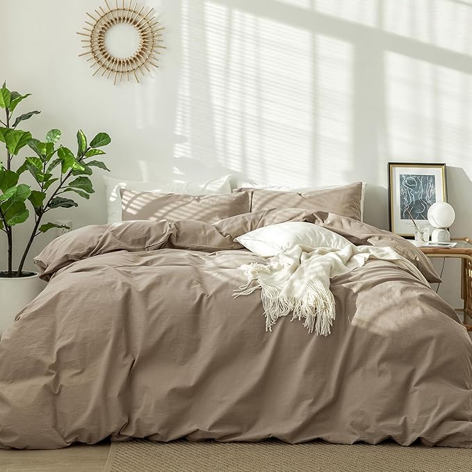 MooMee Bedding Duvet Cover Set 100% Washed Cotton Linen Like Textured Breathable Durable Soft Comfy (Mocha Brown, Alaska King)