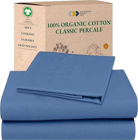 California Design Den Twin Sheet Set - Soft 100% Organic Cotton Percale Sheets, Crisp and Cool, Deep Pockets with Anti-Skid Elastic, Breathable and Durable Bedding Set - Riviera Blue