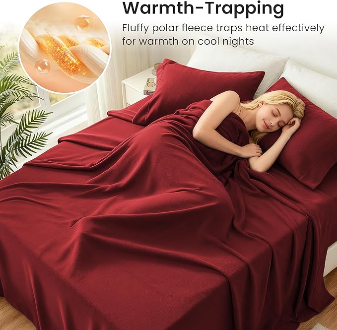 Love's cabin Fleece Full Sheet Set - 4 Pcs Red Super Soft Plush Polar Fleece Bed Sheets Set with 16" Deep Pocket,Cozy Warmth for Cold Season(1 Flat Sheet,1 Fitted Sheet,2 Pillow Cases)