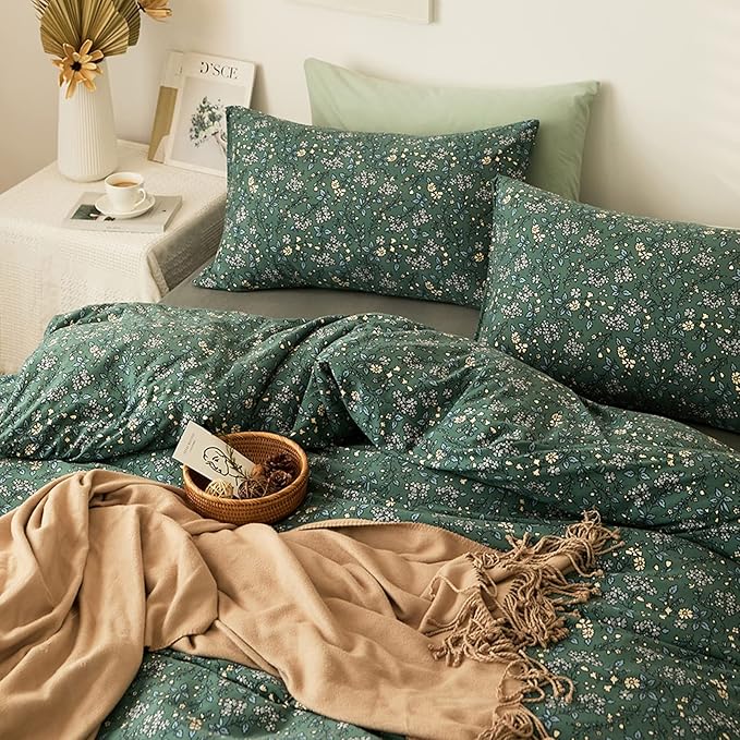 HighBuy Jersey Knit Cotton Duvet Cover Queen Green Floral 100% T-Shirt Cotton Comfy Bedding Set Super Soft Garden Chic Comforter Cover Queen Size