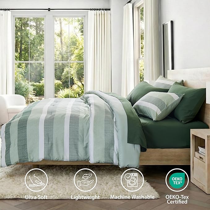 King Size Modern Striped Comforter Set, Lightweight Soft Microfiber Bedding Sets for All Season 7 Pieces Bed in A Bag Set with Comforter, Sheets, Pillowcases & Shams, Sage Green