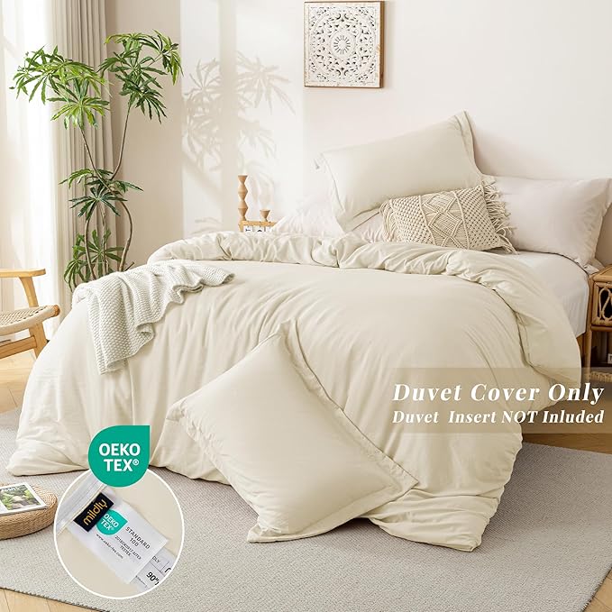 MILDLY Super Soft Duvet Cover - 100% Washed Microfiber Beige Comforter Cover Set 3 Pieces with Zipper Closure & Corner Ties (No Comforter)