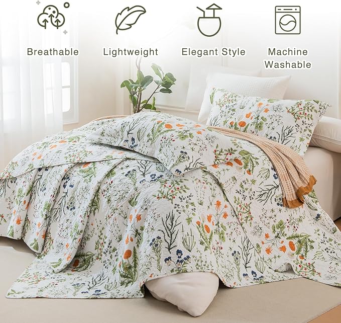 QSH Oversized King Quilt Bedding Set(128"x120"), 100% Cotton Floral Bedspread Set California King Extra Wide Yellow Flowers Leaves Plant Botanical Printed Quilt 3PCs Soft Lightweight Bedding Coverlet