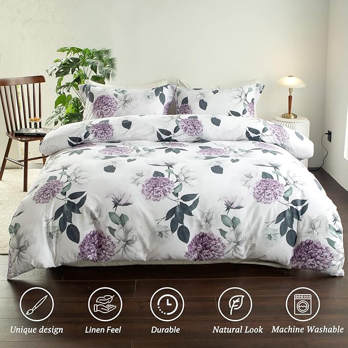 MILDLY 100% Washed Cotton Duvet Cover - Hydrangea Floral Comforter Cover Set Botanical Flower Pattern Bedding Set with Zipper Closure 4 Ties King Size
