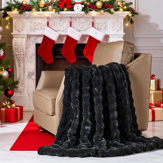 Lotus Karen Faux Fur Blanket - Black Twin Size, Big Bubble Rabbit Fluff, 60x80 Inches