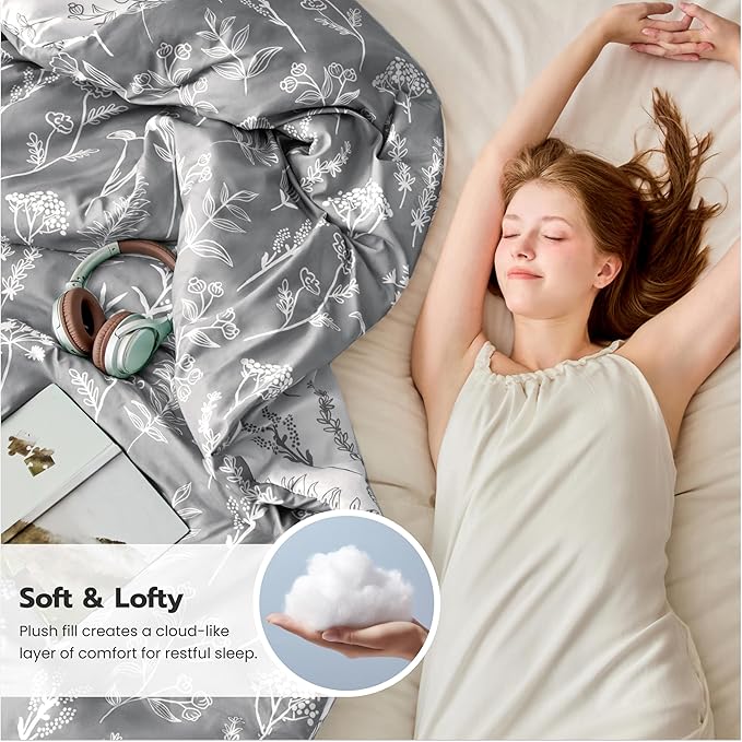 Joiedomi California King Comforter Set Grey, 3 Pieces Floral California King Bedding Set with 1 Soft Reversible Botanical Comforter and 2 Pillow Shams, Bed in a Bag for All Seasons