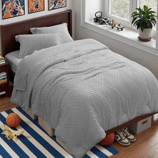 Zzlpp Twin Comforter Set 5 Pieces, Light Grey Tufted Bed in a Bag with Comforter and Sheets, All Season Boho Bedding Sets with 1 Comforter, 1 Pillow Sham, 1 Pillowcase, 1 Flat Sheet, 1 Fitted Sheet