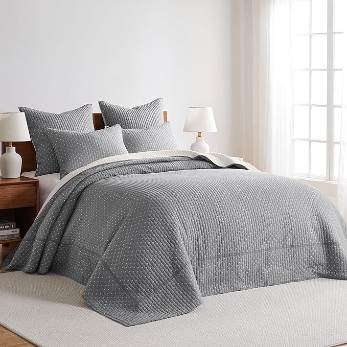 Levtex Home Cross Stitch Reversible Queen Bedspread Set (104x106in) with 2 Pillow Shams (26x20in) - Stitch Texture - Grey and White - Cotton Queen Size Bedspread Set - Lightweight, Soft, Pre-Washed