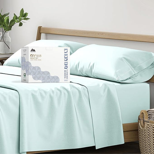 Mayfair Linen 100% Organic Cotton Sheets Queen Size - 4 PC Organic Cotton Percale Sheets Queen Set (Sea Foam), Soft, Cooling & Breathable Bedsheets, 16" Deep Pocket Hotel Bedding Set - GOTS Certified