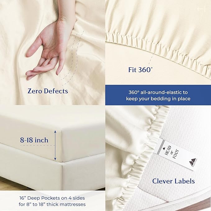 Mayfair Linen 100% Organic Cotton Sheets Queen Size - 4 PC Ivory Organic Cotton Percale Sheets Queen Set, Soft, Cooling & Breathable Bedsheets, 16" Deep Pocket Hotel Bedding Set - GOTS Certified