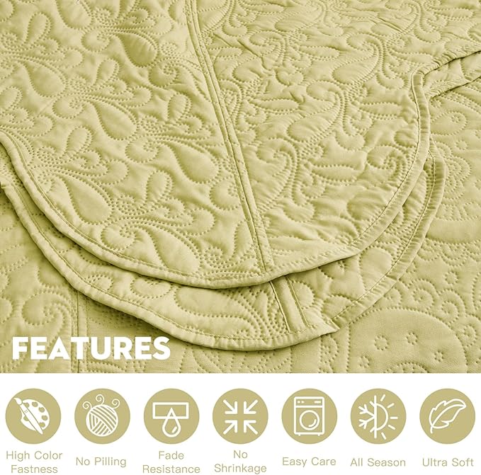 Oversized King Bedspread, Ultrasonic Lightweight Bedding Cover, Paisley Pattern, Reversible, 5 Piece, 100% Microfiber, Leek Green