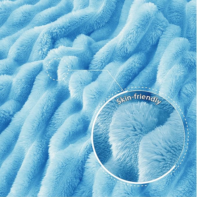 Exclusivo Mezcla Queen Size Flannel Fleece Blanket, Super Soft Striped Jacquard Bed Blanket, Lightweight Fuzzy Cozy for All Seasons, 90x90 Inches, Blue