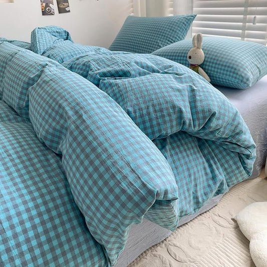 LifeTB Blue Gingham Comforter Set Full Modern Style Blue Grey Plaid Grid Comforter 3 Pieces Farmhouse Checkered Pattern Comforter with 2 Pillowcases Soft Fluffy Gingham Bedding Set Breathable