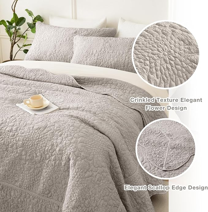 Masaca Oversized King Bedspread 120x120,3Pcs Crinkled Extra Large King Quilt Bedding Set Linen Colored Stone-Washed Farmhouse Lightweight Rustic Scallop Bedspread & Coverlet Sets for All Season