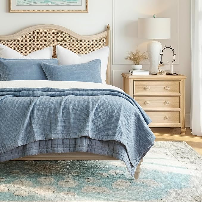 EVERGRACEHOME Stonewashed Cotton Quilt Set Full Queen Size, Ultra Soft Oversized Bedspread Coverlet Set, Lightweight Crinkle Box Stitch Bedding Sets for All Season, with 2 Shams, Sonoma Blue