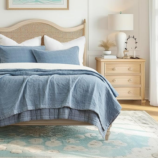 EVERGRACEHOME Stonewashed Cotton Quilt Set Full Queen Size, Ultra Soft Oversized Bedspread Coverlet Set, Lightweight Crinkle Box Stitch Bedding Sets for All Season, with 2 Shams, Sonoma Blue