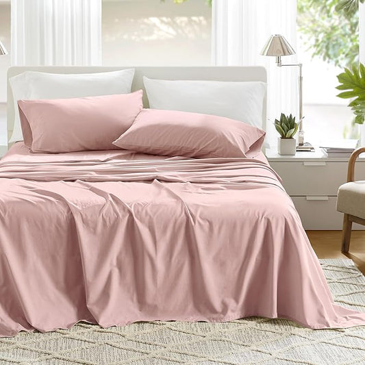 Comfort Spaces 100% Cotton Sheets King, Breathable & Ultra Soft Cotton Sheets, Naturally Cool Cotton Bed Sheets with 14" Elastic Pocket Fits up to 16" Mattress, All Seasons Sheet Set, Pink 4 Piece