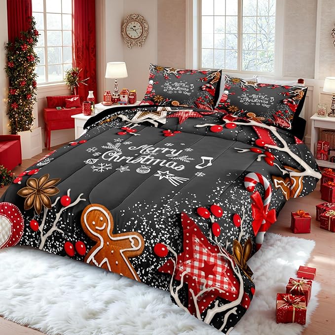 Bedbay Christmas Bedding Queen Christmas Comforter Set Cartoon Gingerbread Man Printed Xmas Themed Bedding 4-Piece Room Decorations Boys Girls Festival Theme Comforter (Xmas,Queen)