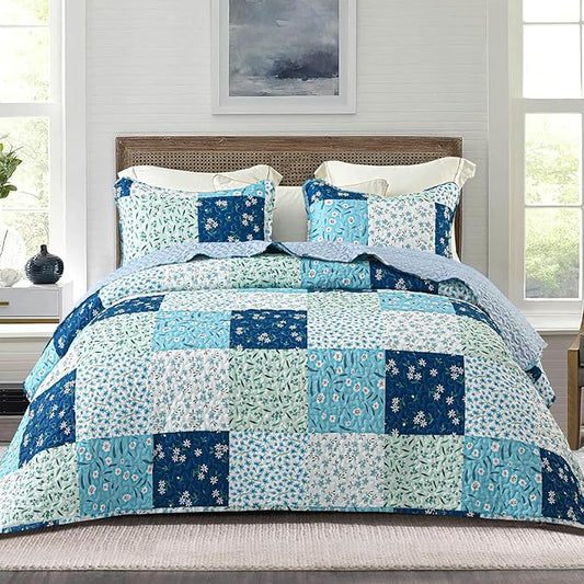 Whale Flotilla Patchwork Quilt Twin Size, Extra Soft Boho Floral Bedspreads for Bed Reversible Lightweight Twin Quilt Bedding Set Printed Coverlets with 1 Pillow Sham for All Seasons, Blue