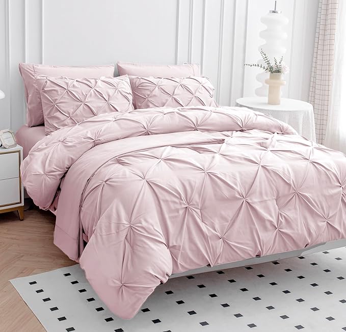 Pink Full Comforter Set – 7 Piece - Classic Pintuck Bed in a Bag - All-Season Full-Size Bedding with Comforter, Sheets, Pillowcases & Shams - Comfy, Perfect for College Dorms & Apartments – Sepia Rose | Dorm apt friendly, Cozy sleep surface, All season...