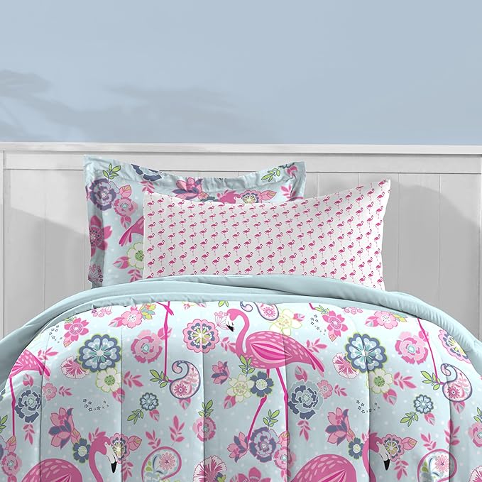 dream FACTORY Kids 7-Piece Complete Set Easy-Wash Super Soft Microfiber Comforter Bedding, Full, Pink Flamingo