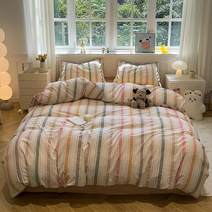mixinni Vintage Striped Duvet Cover Set Twin XL, 3-Piece 100% Washed Cotton Bedding Set - Soft & Breathable Colorful Comforter Cover with Zipper, All-Season Lightweight Bed Set for Cozy Home
