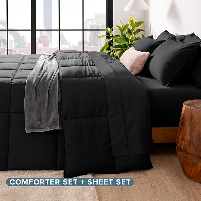 Bare Home Bed-in-A-Bag 5 Piece Comforter & Sheet Set - Twin XL - Goose Down Alternative - Ultra-Soft 1800 Premium Bed Set (Twin XL, Black/Black)